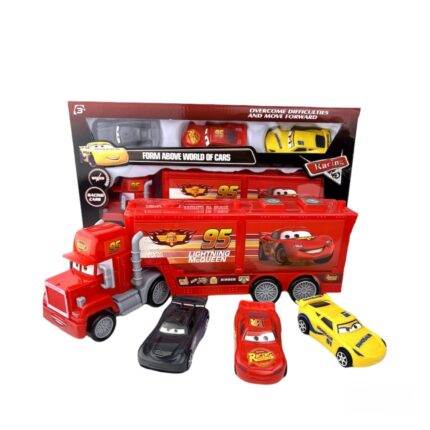 Camion cu Remorcă Mack și 3 mașinuțe de Curse, model Fulger McQueen,Roșu,35 cm